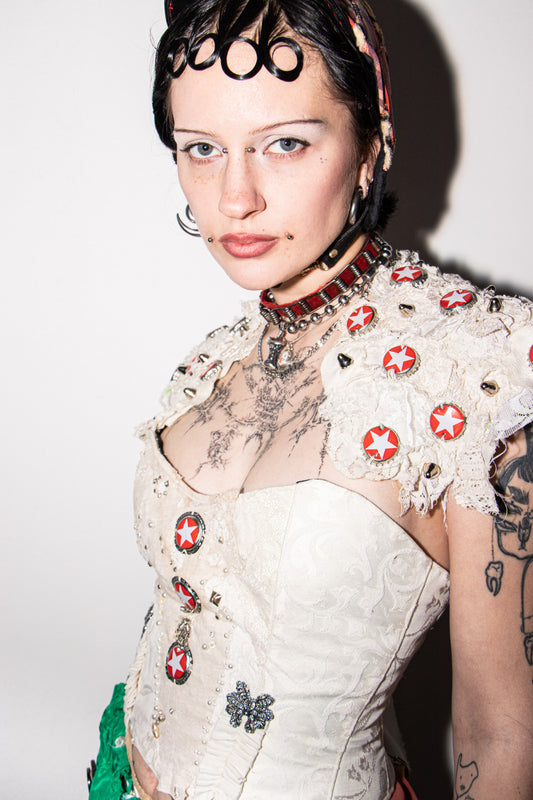 Pussy Tattie Sternie Shoulder Shrug Bottle cap Victorian Lace with studs