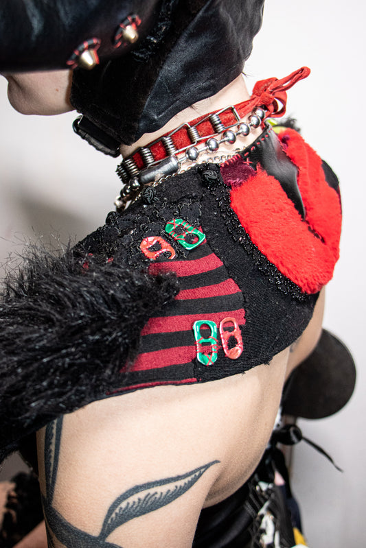 Pussy Tattie Black & Red Fur Shoulder Shrug with ties