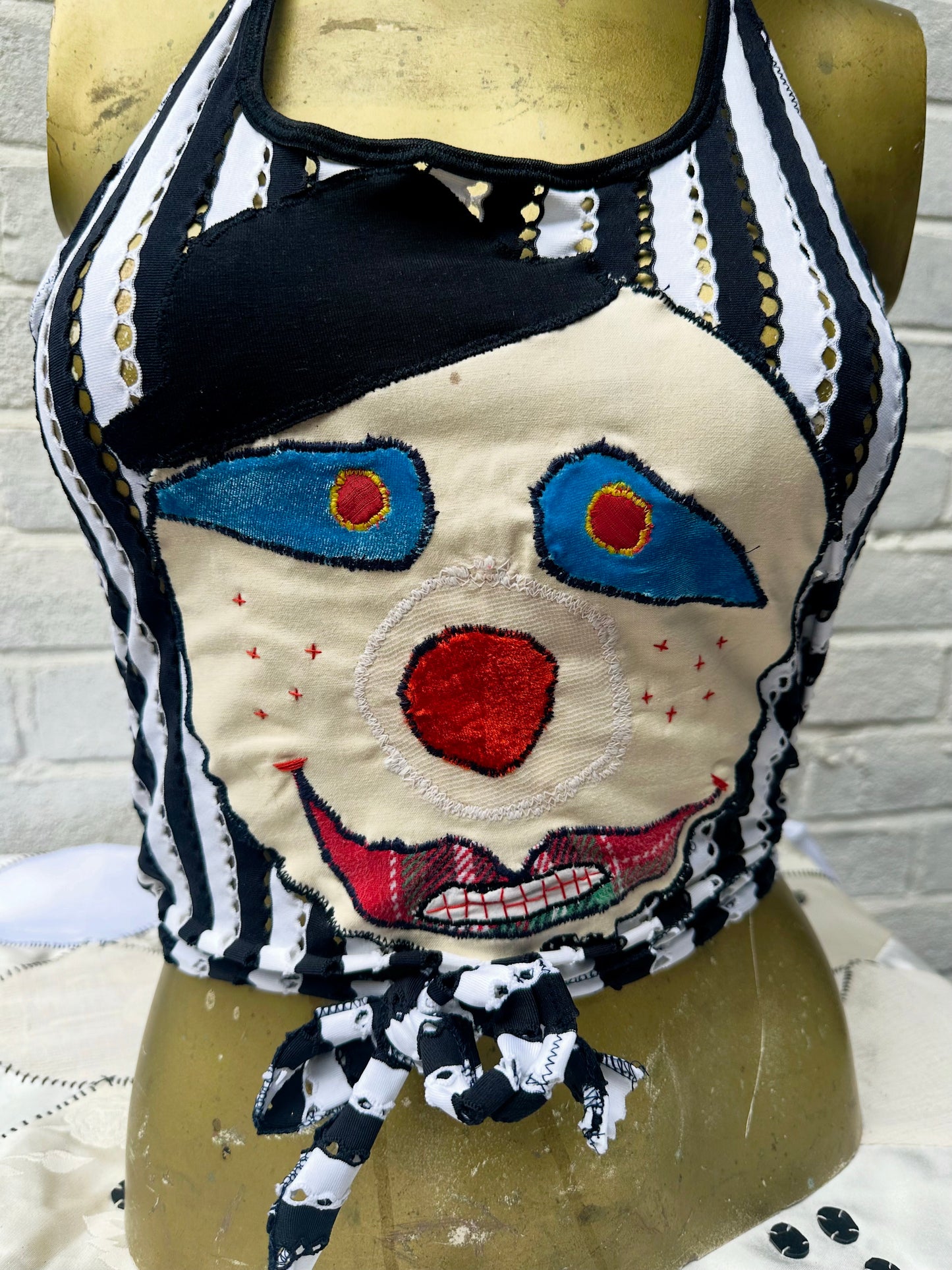 Clown Face Appliqué Striped Halter Neck Top
