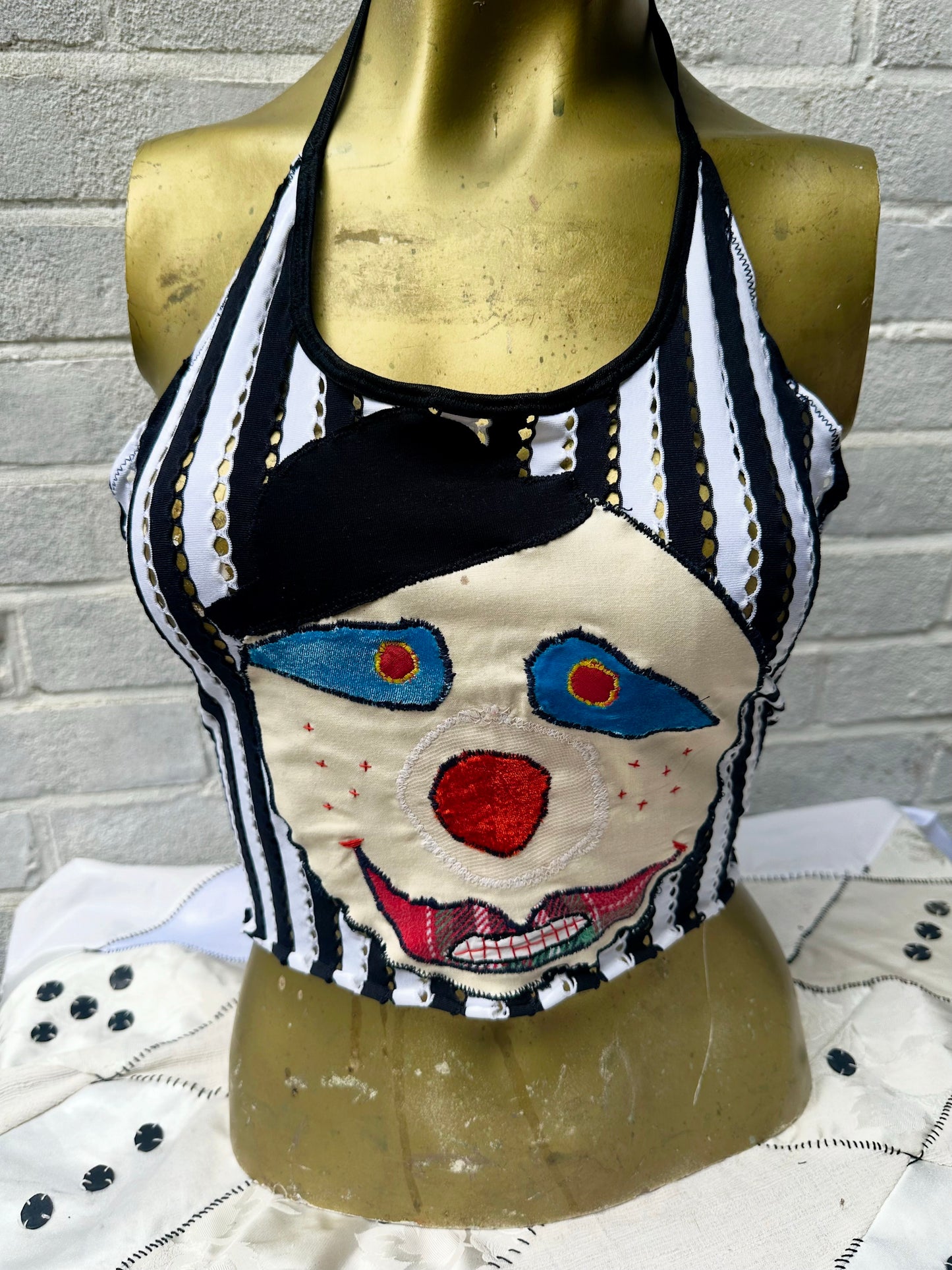 Clown Face Appliqué Striped Halter Neck Top