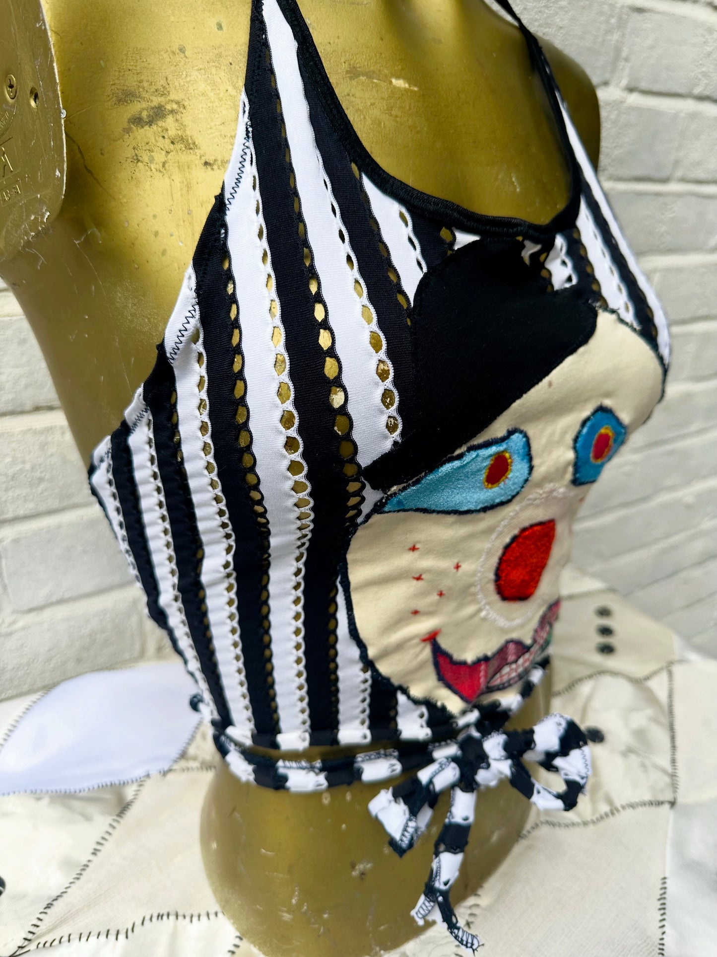 Clown Face Appliqué Striped Halter Neck Top