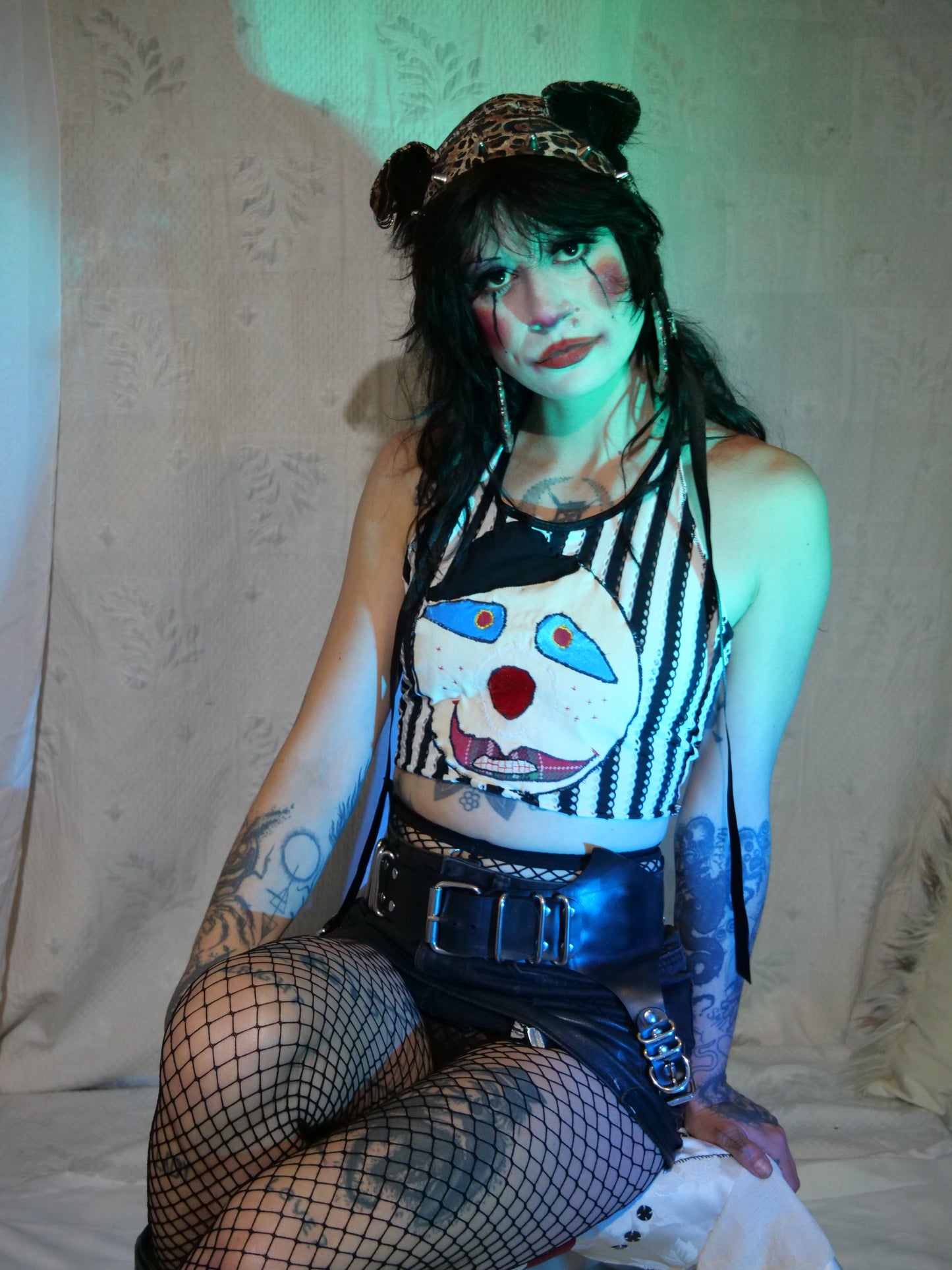 Clown Face Appliqué Striped Halter Neck Top