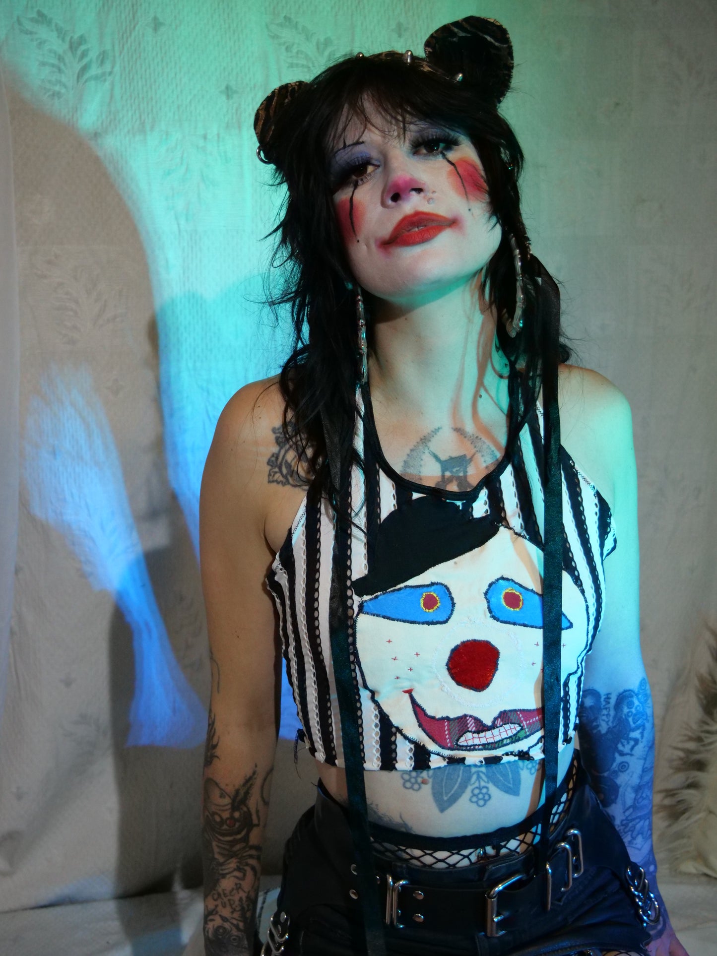 Clown Face Appliqué Striped Halter Neck Top