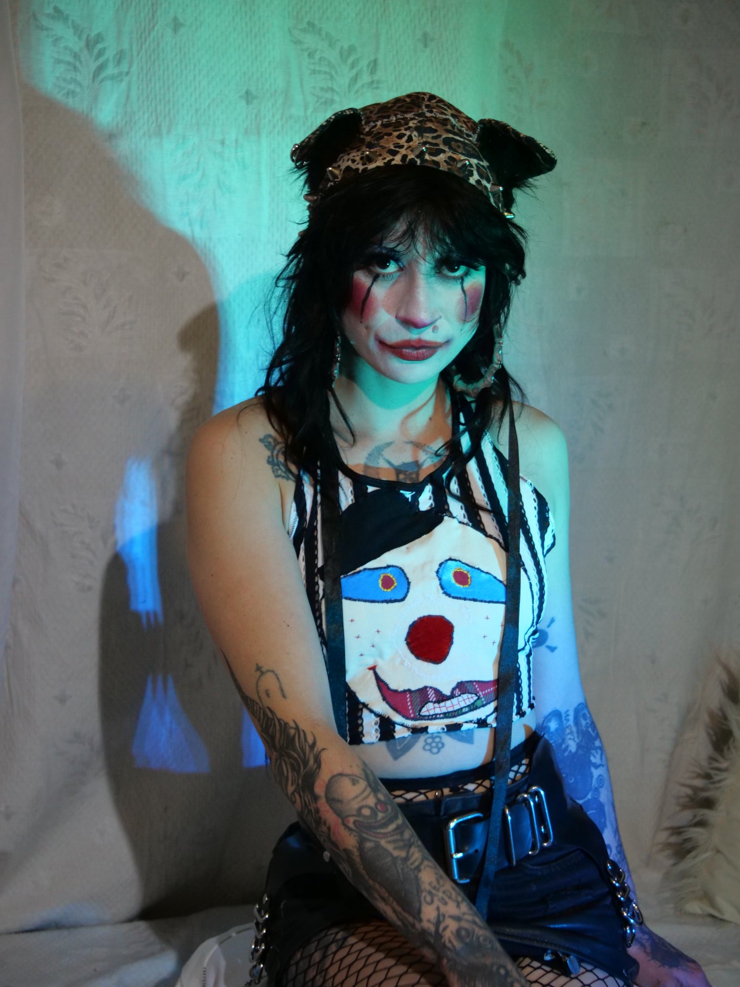 Clown Face Appliqué Striped Halter Neck Top