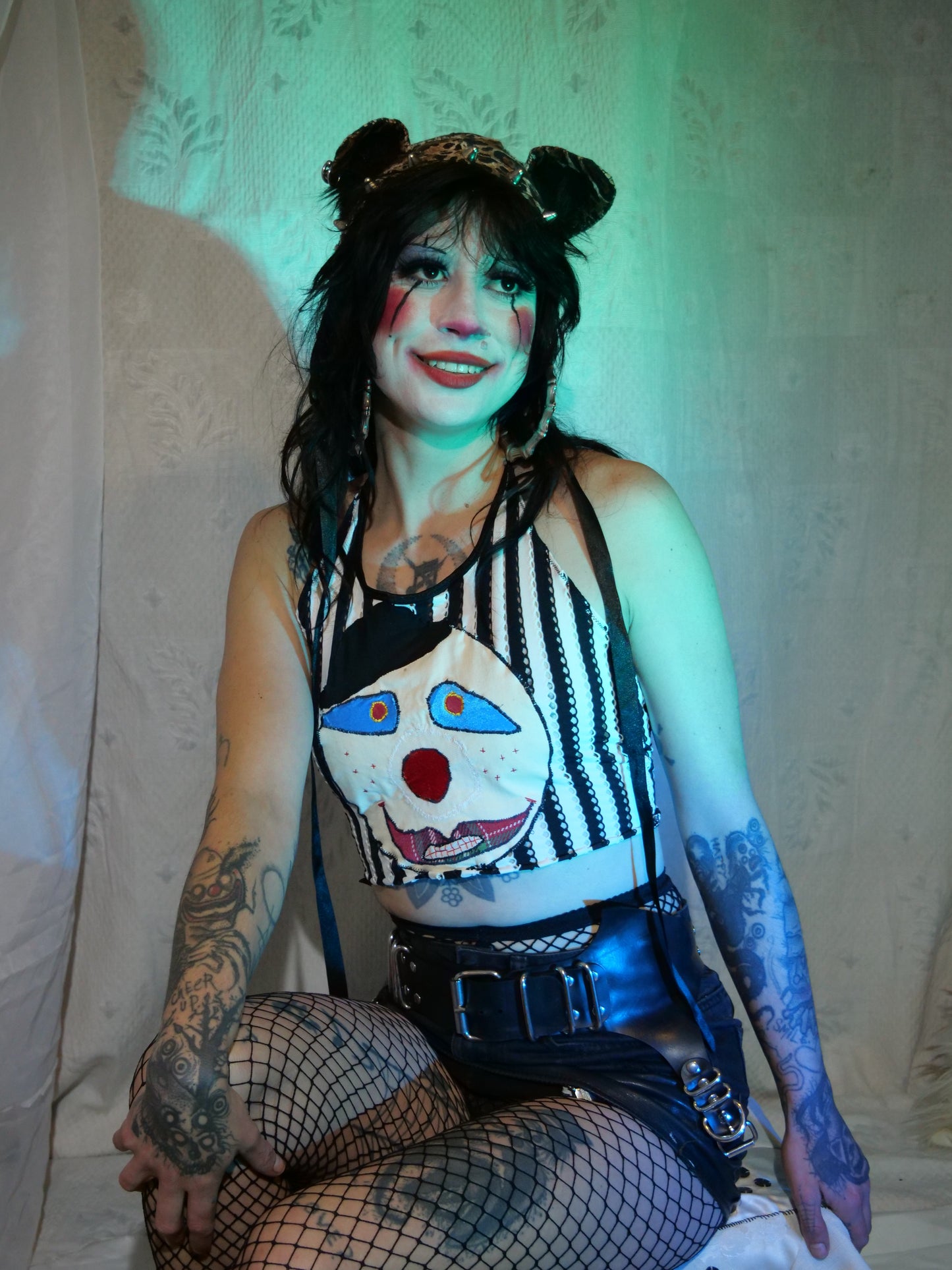 Clown Face Appliqué Striped Halter Neck Top