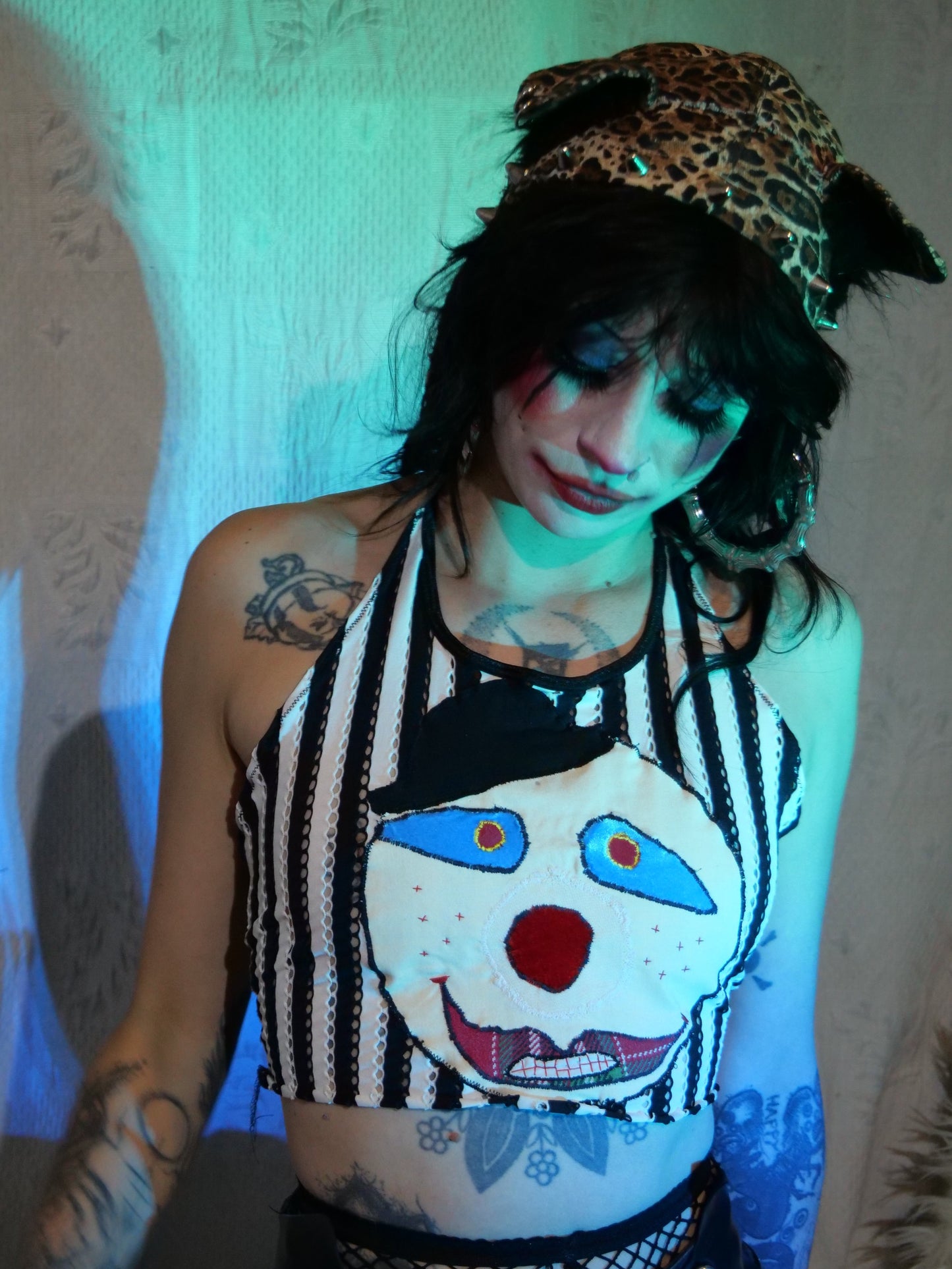 Clown Face Appliqué Striped Halter Neck Top