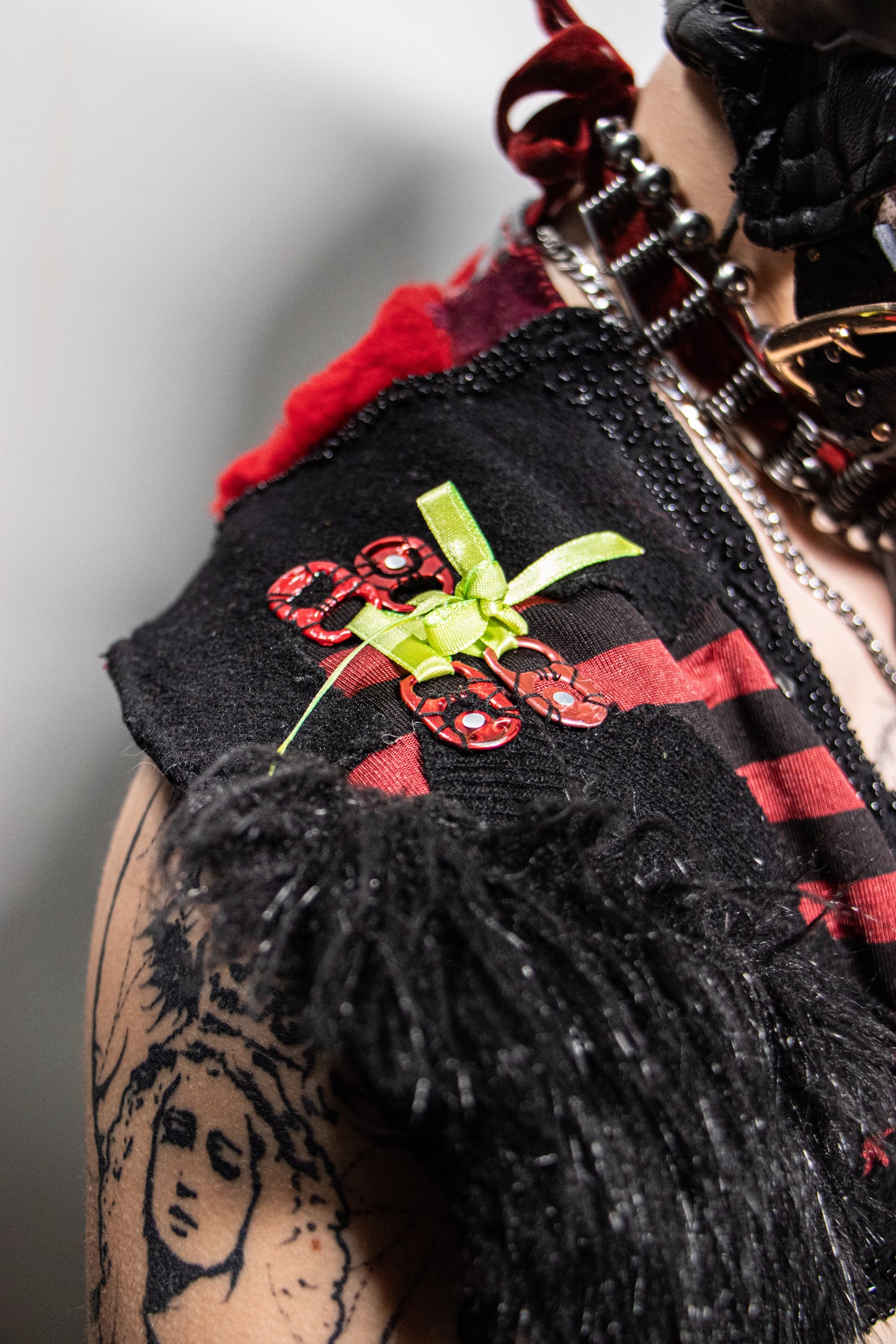 Pussy Tattie Black & Red Fur Shoulder Shrug with ties