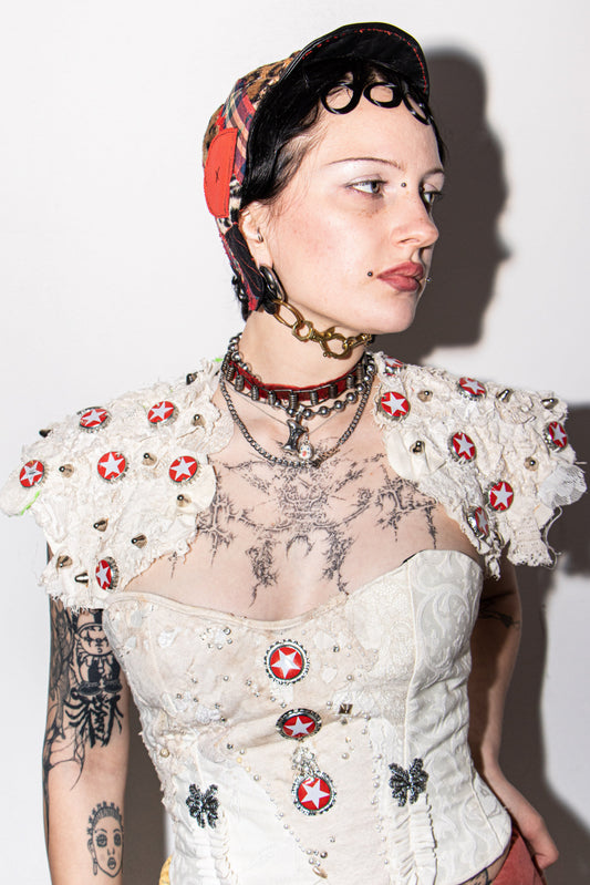 Pussy Tattie Sternie Shoulder Shrug Bottle cap Victorian Lace with studs